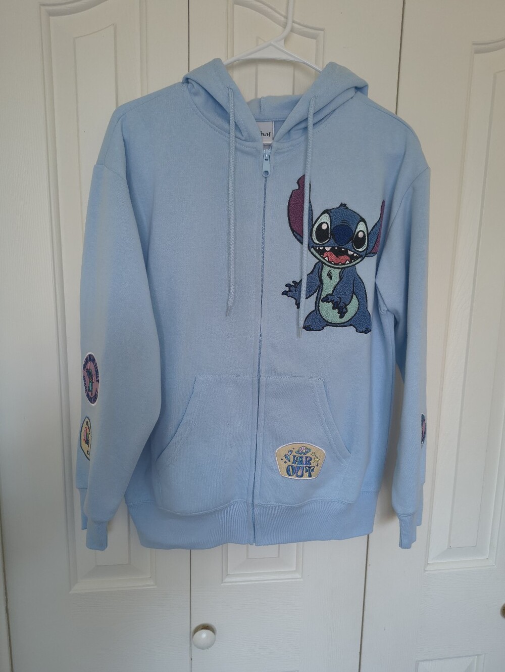 ​Disney Lilo & Stitch Light Blue Full Zip Hoodie Embroidered Graphic Patch.